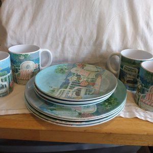 Keller-Charles MELAMINE 4 Dinner Plates 4 Salad Plates 4 Cups Lot Porch Seaside
